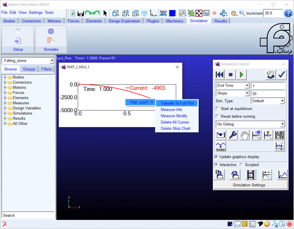 انتقال نمودار به محیط Adams postprocessor برای مدل سقوط سنگ