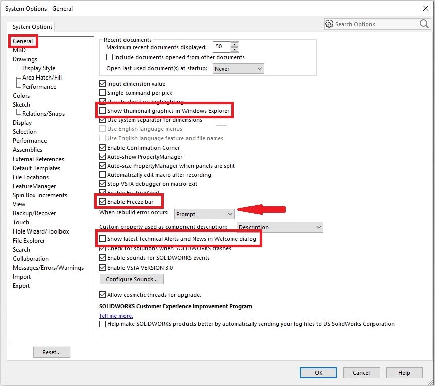 تنظیمات SOLIDWORKS - سربرگ جنرال General 