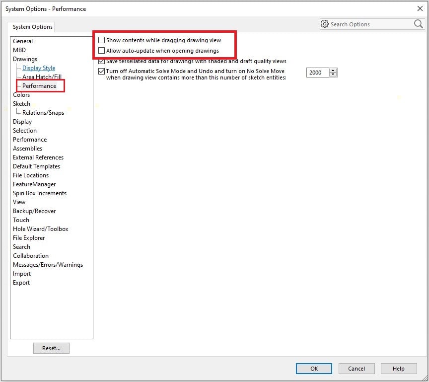 تنظیمات SOLIDWORKS- سربرگ - Performance-Drawing