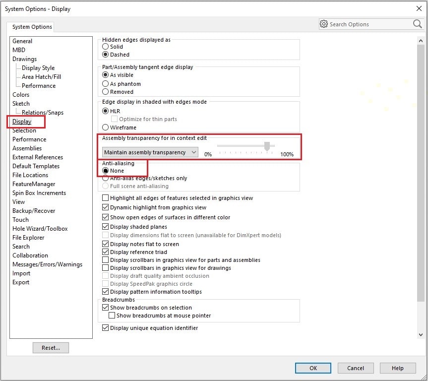 تنظیمات SOLIDWORKS - سربرگDisplay