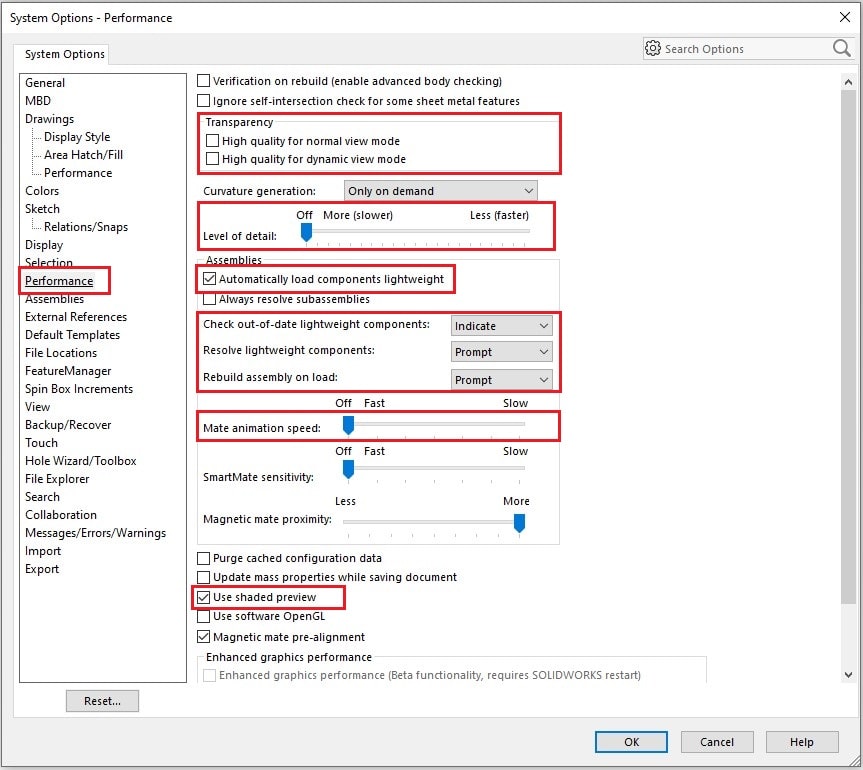 تنظیمات SOLIDWORKS - سربرگ Performance