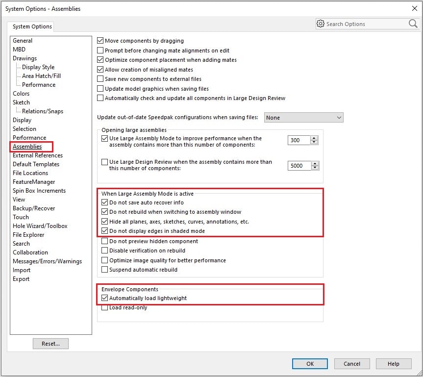 تنظیمات SOLIDWORKS - سربرگ Assembles