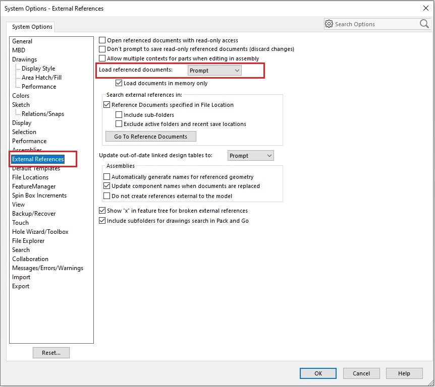 تنظیمات SOLIDWORKS - سربرگ External Reference