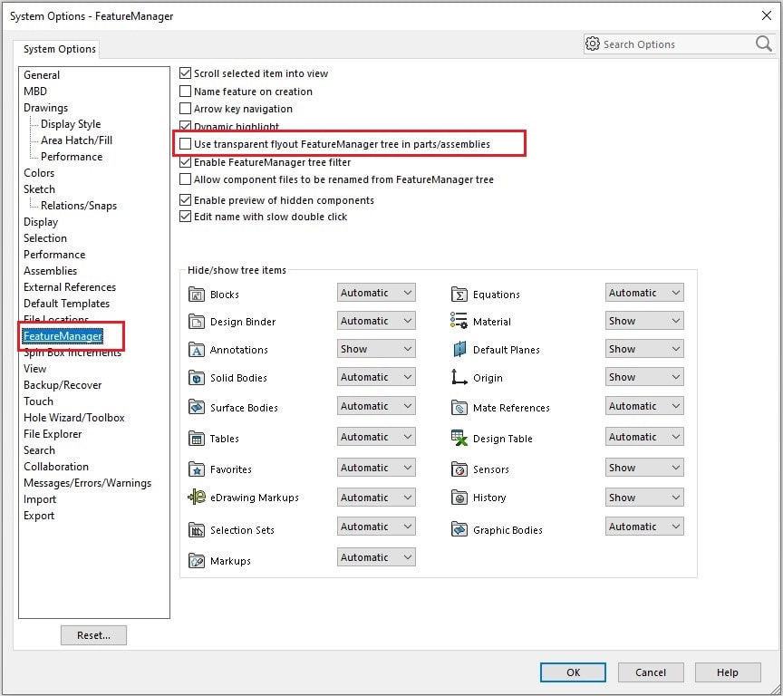 تنظیمات SOLIDWORKS - سربرگ Feature Manager