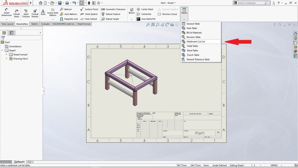 Tables- Weldment Cut List 