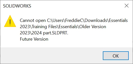 شکل7 -  هنگام باز کردن نسخه قدیمی فایل، پیام خطا SOLIDWORKS